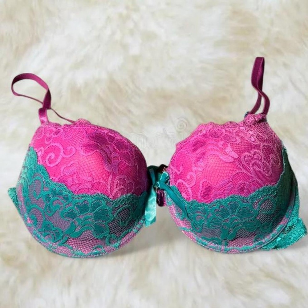 Black Fuchsia Lace Blue and Magenta Push Up Bra 36D